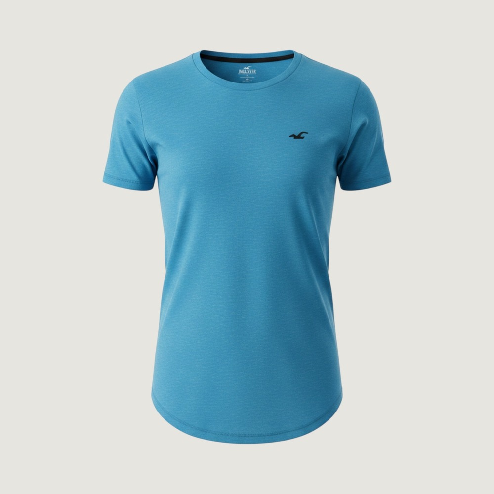 Hollister Mens Curved Hem Tee Shirt Blue Heather Logo Large Short Sleeve